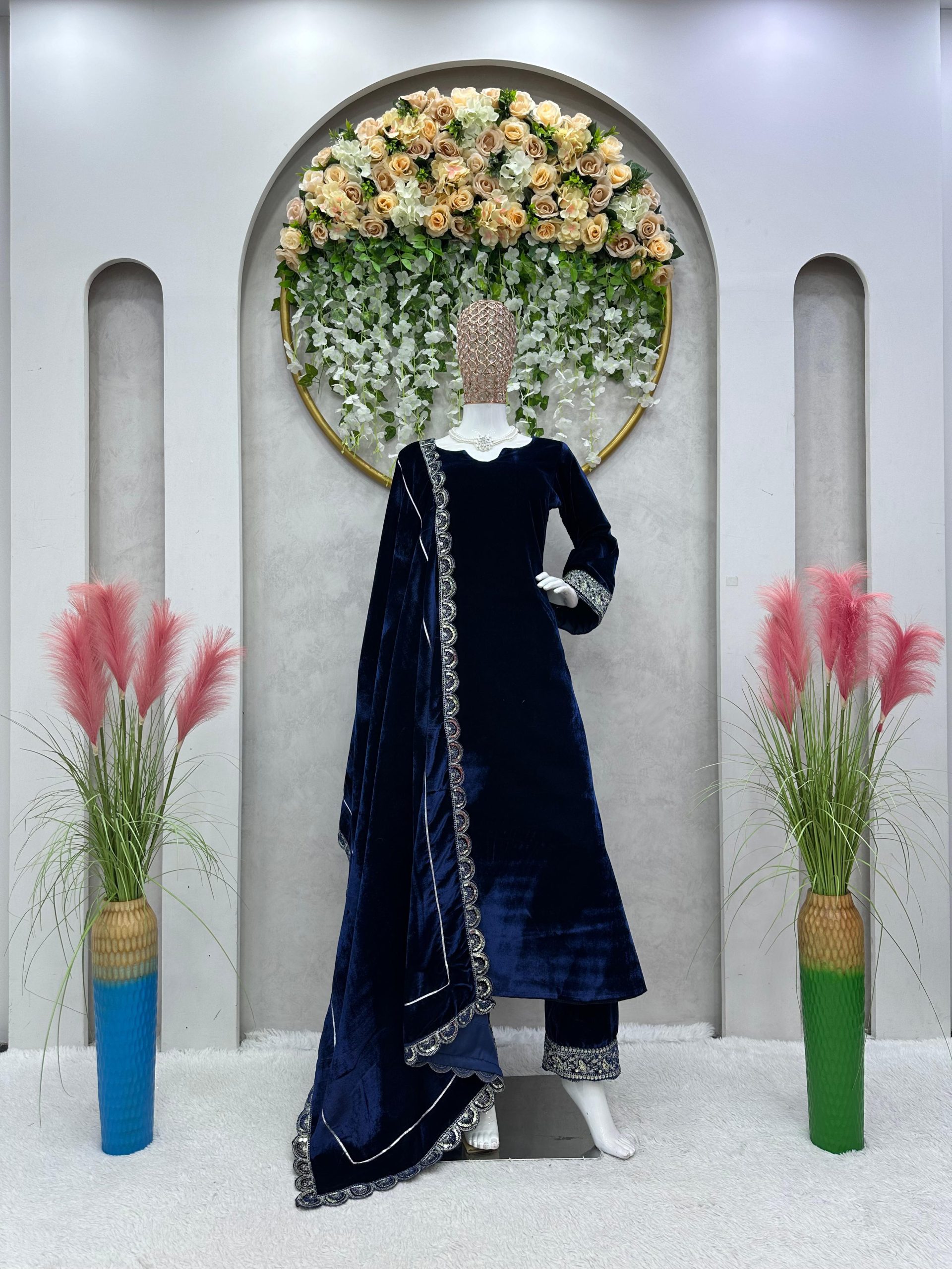 Divine Navy Blue Color Viscos velvet Sequence with Cording Dori Work Gown