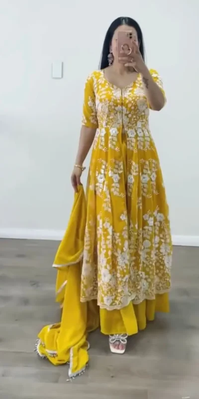 ZSR 3021 Yellow Color Gown : Fox Georgette Work : Embroidery Sequence Work Inner : Micro Cotton Traditional Wear, Wedding, Festive, Events. @2599/- | Gowns, Bollywood Gowns, Creative Gowns, Designer Gowns, Embroidered Gowns, Party Wear Gowns