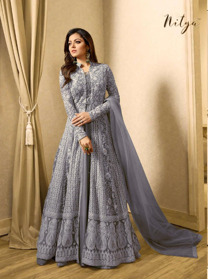 LT 1706 GreyColor: GreyFabrics: Top Fabric :Georgette Bottom Fabric : Santoon Dupatta Fabric : NazmeenStitch Type: Semi-Sttiched | Anarkali Suits, Bollywood Anarkali, Creative-Anarkali, Designer Anarkali, Embroidered Anarkali, Party Wear Anarkali