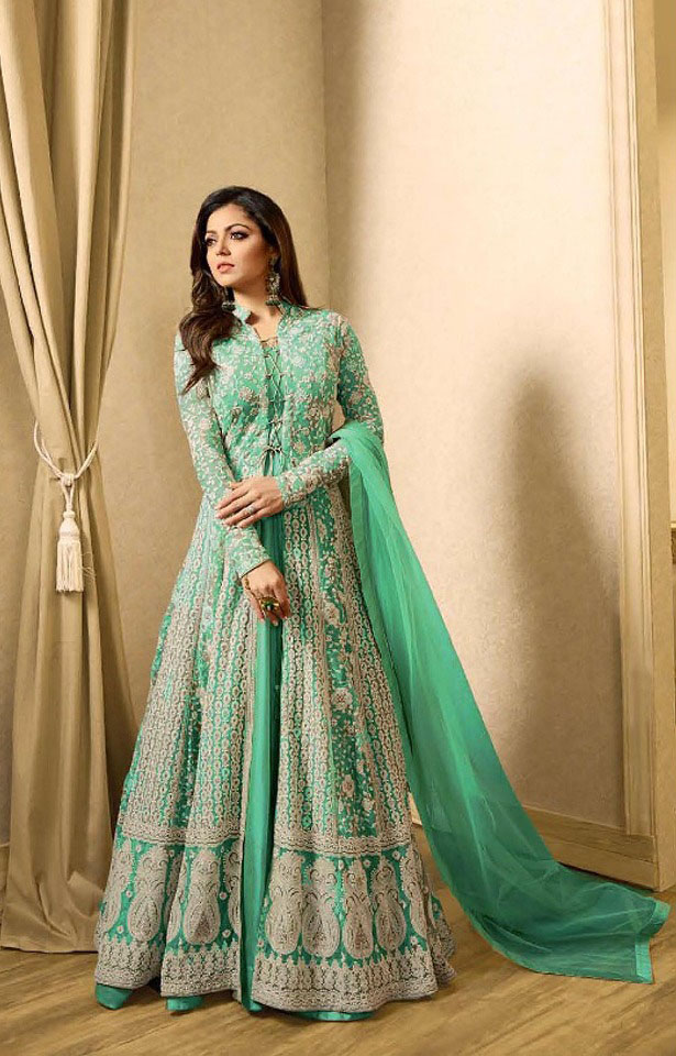 T 1706 Light GreenColor: Light GreenFabrics: Top Fabric :Georgette Bottom Fabric : Santoon Dupatta Fabric : NazmeenStitch Type: Semi-Sttiched | Anarkali Suits, Bollywood Anarkali, Creative-Anarkali, Designer Anarkali, Embroidered Anarkali, Party Wear Anarkali