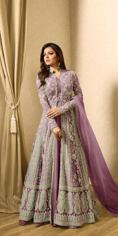 LT 1706 PurpleColor: PurpleFabrics: Top Fabric :Georgette Bottom Fabric : Santoon Dupatta Fabric : NazmeenStitch Type: Semi-Sttiched | Anarkali Suits, Bollywood Anarkali, Creative-Anarkali, Designer Anarkali, Embroidered Anarkali, Party Wear Anarkali