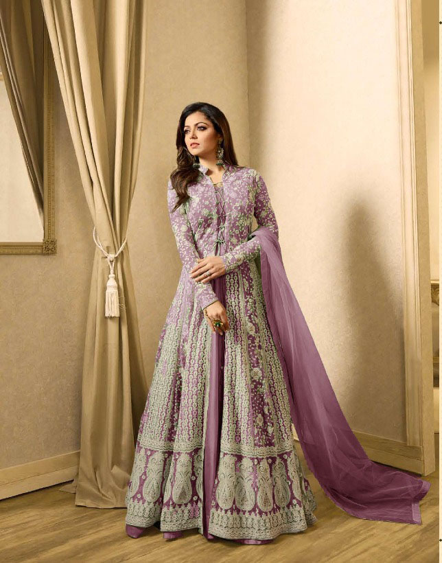 LT 1706 PurpleColor: PurpleFabrics: Top Fabric :Georgette Bottom Fabric : Santoon Dupatta Fabric : NazmeenStitch Type: Semi-Sttiched | Anarkali Suits, Bollywood Anarkali, Creative-Anarkali, Designer Anarkali, Embroidered Anarkali, Party Wear Anarkali
