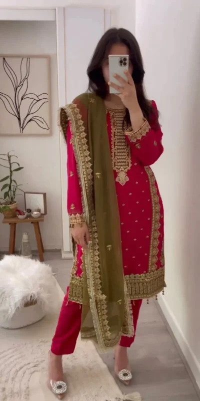 ZSR-3031 Red Color Top : Fox Georgette Work : Embroidery Sequence Work Inner : Micro Cotton Traditional Wear, Wedding, Festive, Events. @2199/- | Casual Suits, Jump Suits, Salwar suit, Creative suits, Designer Suits, Palazzo Suits, Party Wear Suits, Patiala Suits, Straight Suits