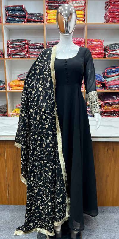 Fashionable Black Color Pure Soft Faux Georgette Anarkali Suit
