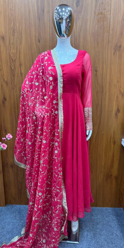 Fashionable Rani Pink Color Pure Soft Georgette Anarkali Suit