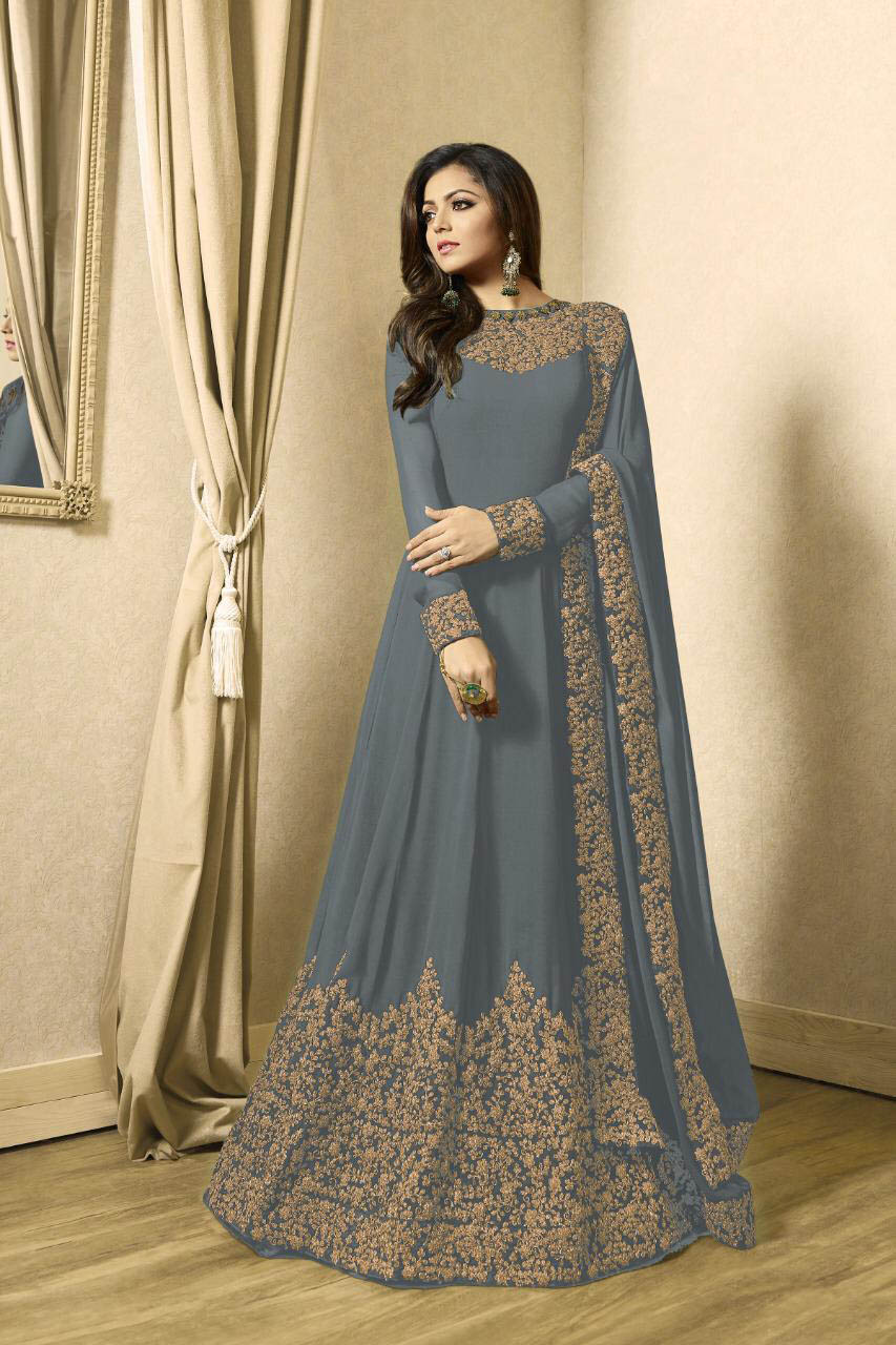 Color : GreySet Content : 1 Top :: 1 Bottom :: 1 DupattaFabrics : Top Fabric :Georgette Bottom Fabric : Santoon Dupatta Fabric :Nazmeen | Anarkali Suits, Bollywood Anarkali, Creative-Anarkali, Designer Anarkali, Embroidered Anarkali, Party Wear Anarkali