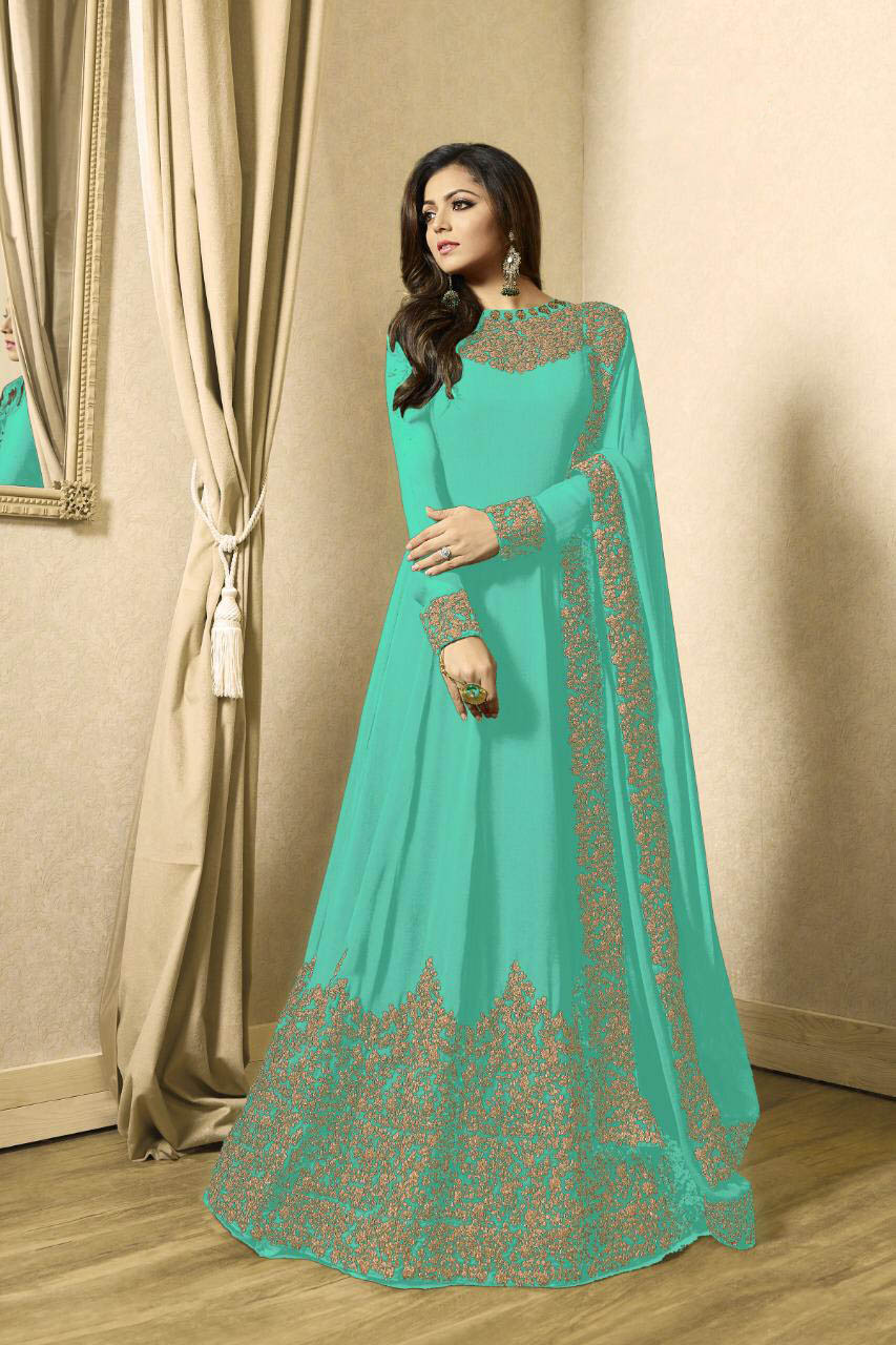 Color : Sea GreenSet Content : 1 Top :: 1 Bottom :: 1 DupattaFabrics : Top Fabric :Georgette Bottom Fabric : Santoon Dupatta Fabric :Nazmeen | Anarkali Suits, Bollywood Anarkali, Creative-Anarkali, Designer Anarkali, Embroidered Anarkali, Party Wear Anarkali