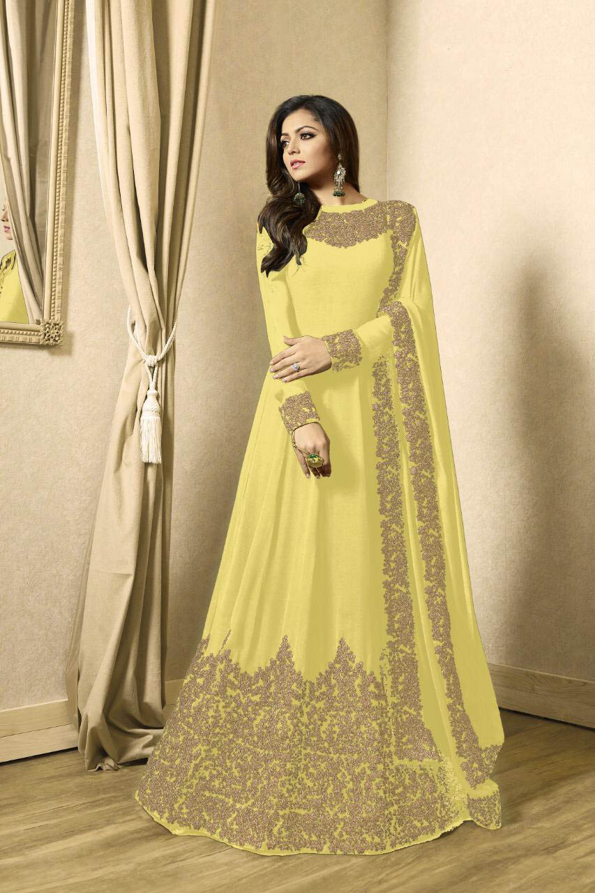 Color : YellowSet Content : 1 Top :: 1 Bottom :: 1 DupattaFabrics : Top Fabric :Georgette Bottom Fabric : Santoon Dupatta Fabric :Nazmeen | Anarkali Suits, Bollywood Anarkali, Creative-Anarkali, Designer Anarkali, Embroidered Anarkali, Party Wear Anarkali