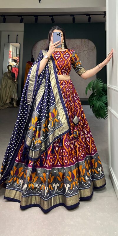 LNB 1615 Multi Color Tussar Silk Drawstring & Printed With Foil Print & Heavy Tassels Lehenga Choli ? Expected Delivery 4-6 Working Days 2449/- | Lehenga, Bollywood Lehenga, Creative Lehenga, Designer Lehenga, Embroidered Lehenga, Party Wear Lehenga