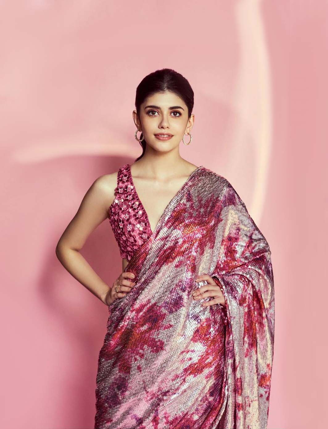 DF3173 Pink Saree : Light Weight Georgette Work : Heavy Digital Print Blouse: Georgette @1499 Sanjana Sanghi Pink Sequence Saree | Sarees, Bollywood Sarees, Creative Sarees, Designer Sarees, Embroidered Sarees, Party Wear Sarees