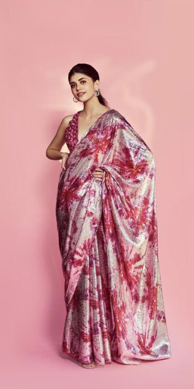 DF3173 Pink Saree : Light Weight Georgette Work : Heavy Digital Print Blouse: Georgette @1499 Sanjana Sanghi Pink Sequence Saree | Sarees, Bollywood Sarees, Creative Sarees, Designer Sarees, Embroidered Sarees, Party Wear Sarees