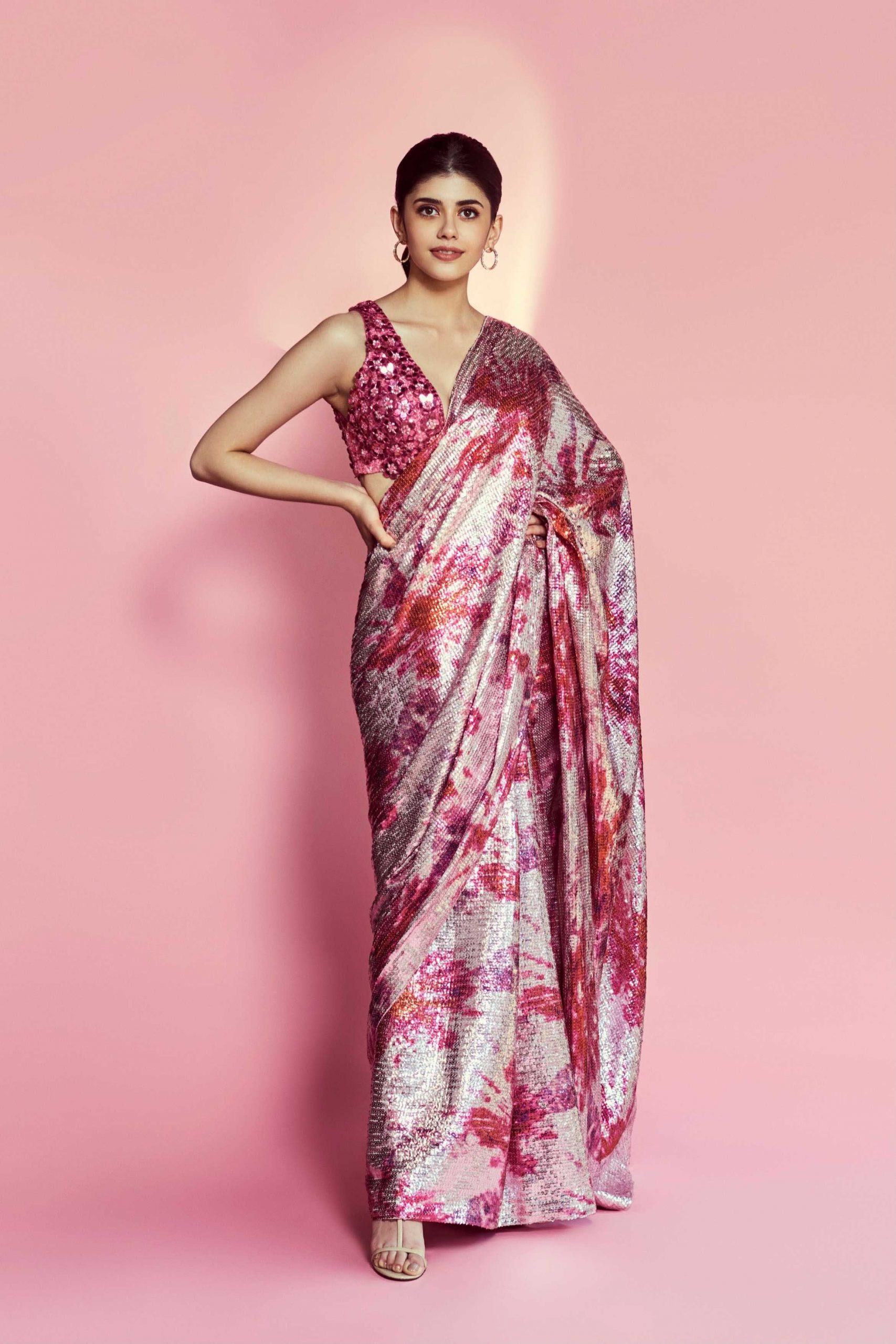 DF3173 Pink Saree : Light Weight Georgette Work : Heavy Digital Print Blouse: Georgette @1499 Sanjana Sanghi Pink Sequence Saree | Sarees, Bollywood Sarees, Creative Sarees, Designer Sarees, Embroidered Sarees, Party Wear Sarees