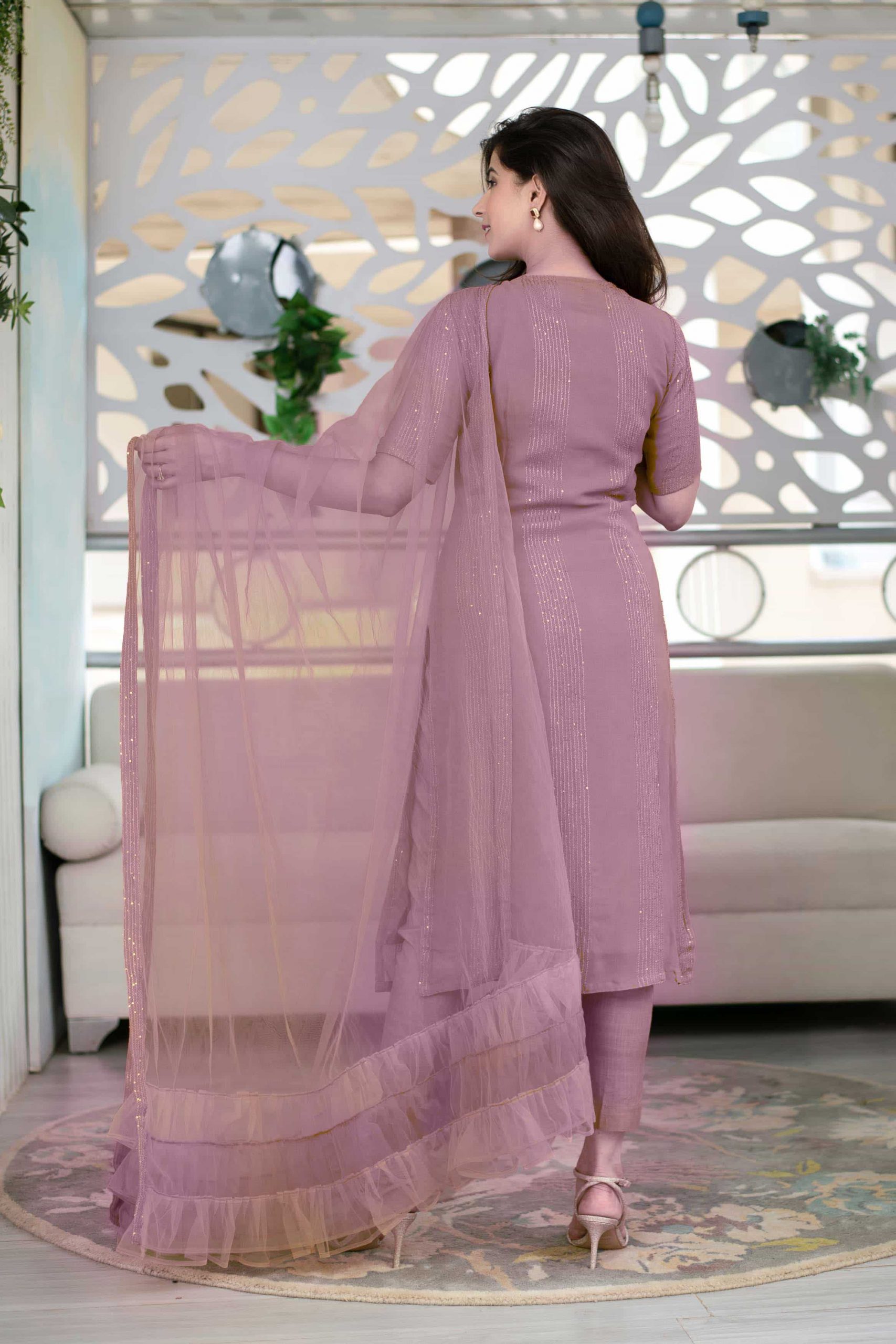 Exclusive Light Purple Lace And Latkan Anarkali Suit With Dupatta