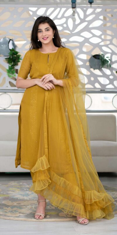 RTCKD 1040 Yellow Top: Heavy Rayon Dupatta: Net Work: Fancy Thread Embroidery Sequence Work Party, Wedding, Festive @1649/- Only | Salwar suit, Casual Suits, Creative suits, Designer Suits, Party Wear Suits, Straight Suits
