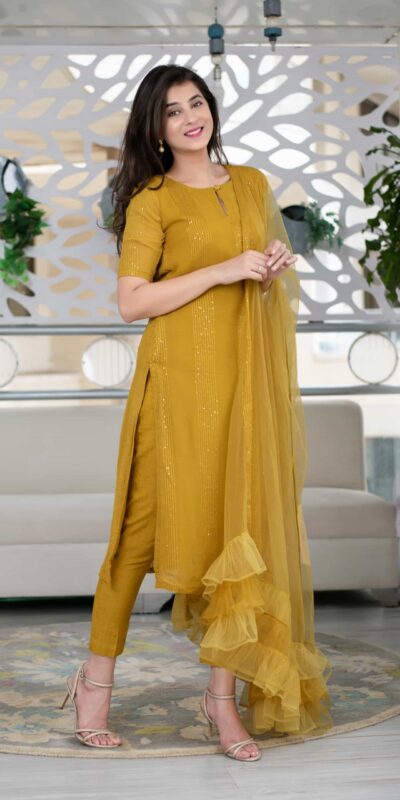 RTCKD 1040 Yellow Top: Heavy Rayon Dupatta: Net Work: Fancy Thread Embroidery Sequence Work Party, Wedding, Festive @1649/- Only | Salwar suit, Casual Suits, Creative suits, Designer Suits, Party Wear Suits, Straight Suits