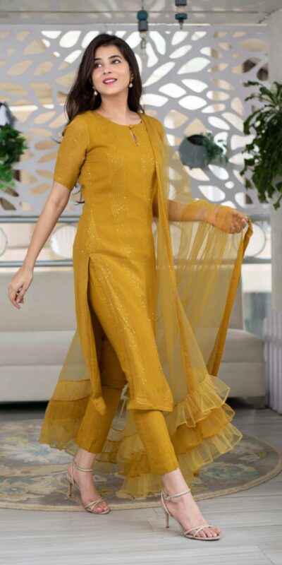 RTCKD 1040 Yellow Top: Heavy Rayon Dupatta: Net Work: Fancy Thread Embroidery Sequence Work Party, Wedding, Festive @1649/- Only | Salwar suit, Casual Suits, Creative suits, Designer Suits, Party Wear Suits, Straight Suits