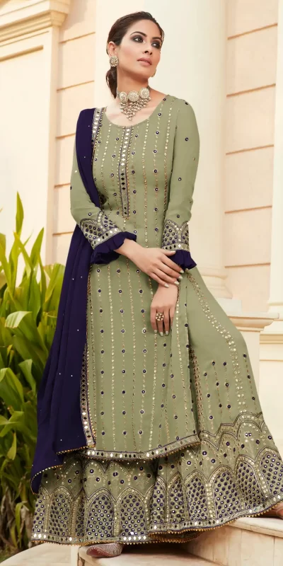 Green Blue Georgette Embroidered Sharara Suit With Real Mirror Work
