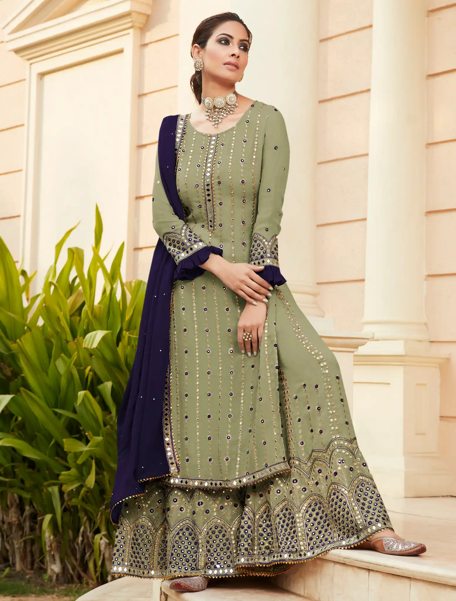 FC 9704 Green Blue Top : Georgette Work : Embroidery Work, Mirror Work Wedding, Festive, Events Black Georgette Embroidered Sharara @2099 | Salwar suit, Casual Suits, Creative suits, Designer Suits, Palazzo Suits, Party Wear Suits, Straight Suits