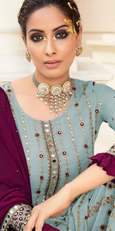 FC 9704 Light Blue Top : Georgette Work : Embroidery Work, Mirror Work Wedding, Festive, Events Black Georgette Embroidered Sharara @2099 | Salwar suit, Casual Suits, Creative suits, Designer Suits, Palazzo Suits, Party Wear Suits, Straight Suits