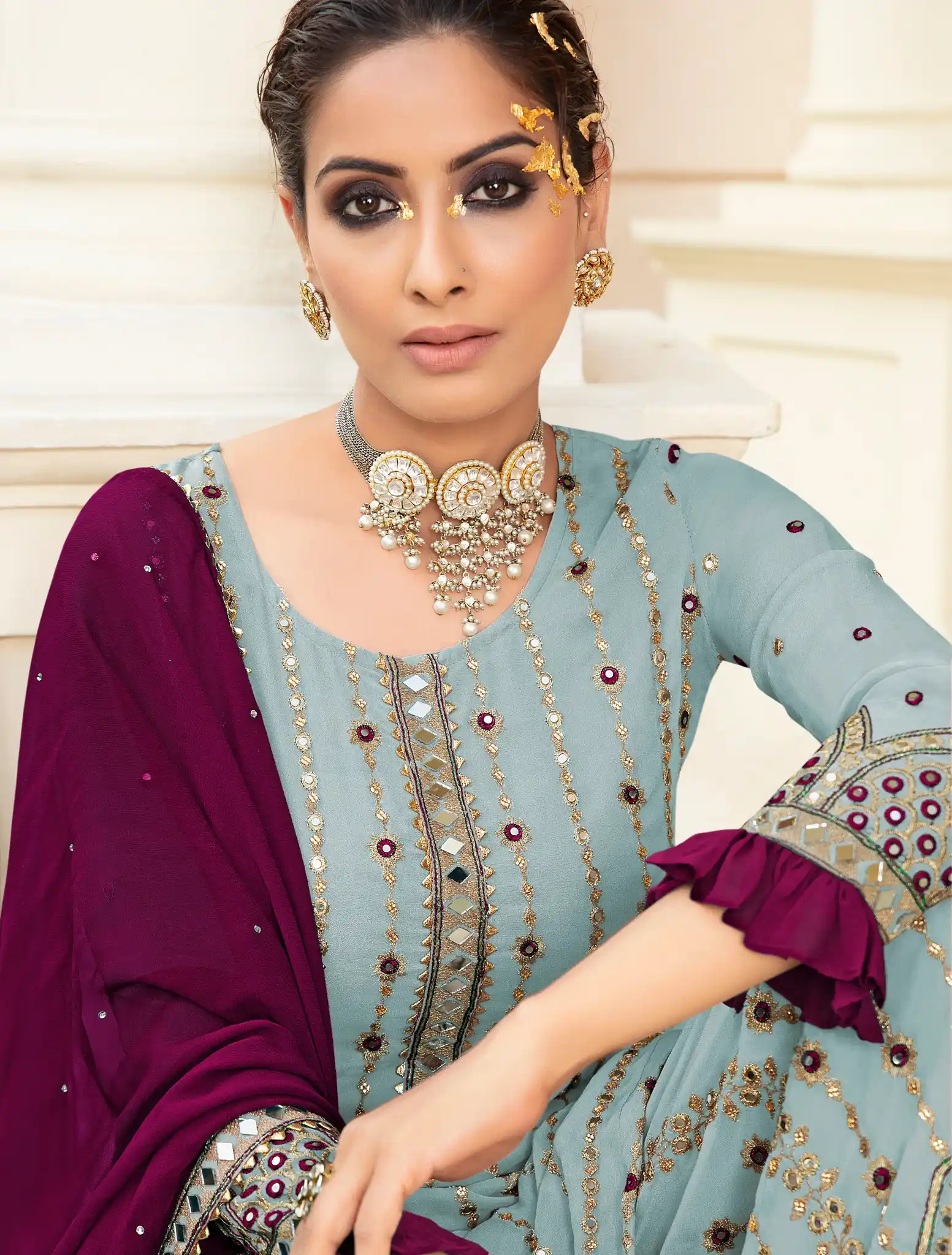 FC 9704 Light Blue Top : Georgette Work : Embroidery Work, Mirror Work Wedding, Festive, Events Black Georgette Embroidered Sharara @2099 | Salwar suit, Casual Suits, Creative suits, Designer Suits, Palazzo Suits, Party Wear Suits, Straight Suits