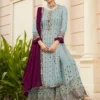 FC 9704 Light Blue Top : Georgette Work : Embroidery Work, Mirror Work Wedding, Festive, Events Black Georgette Embroidered Sharara @2099 | Salwar suit, Casual Suits, Creative suits, Designer Suits, Palazzo Suits, Party Wear Suits, Straight Suits