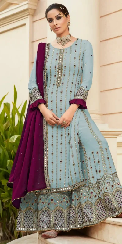 FC 9704 Light Blue Top : Georgette Work : Embroidery Work, Mirror Work Wedding, Festive, Events Black Georgette Embroidered Sharara @2099 | Salwar suit, Casual Suits, Creative suits, Designer Suits, Palazzo Suits, Party Wear Suits, Straight Suits
