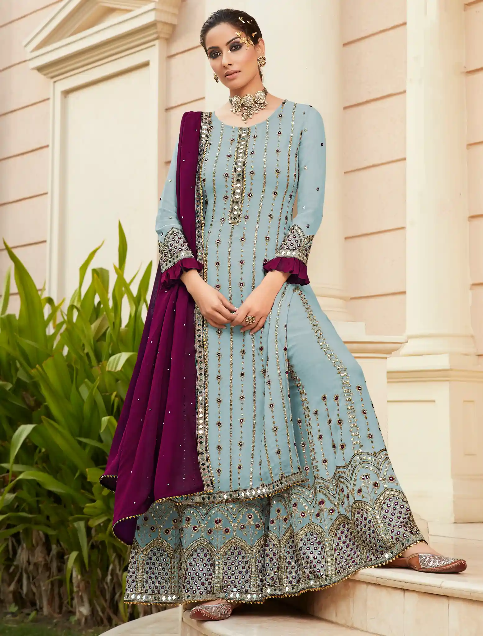 FC 9704 Light Blue Top : Georgette Work : Embroidery Work, Mirror Work Wedding, Festive, Events Black Georgette Embroidered Sharara @2099 | Salwar suit, Casual Suits, Creative suits, Designer Suits, Palazzo Suits, Party Wear Suits, Straight Suits