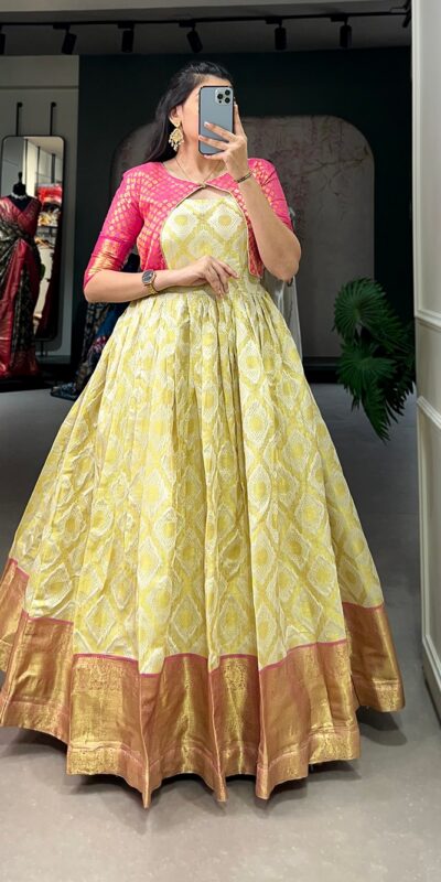 YNF 5301 Yellow Color Gown : Georgette Work : Printed Casual, Wedding, Festive, Events, Designer Party Wear, White Gown @1649/- | Gowns, Bollywood Gowns, Creative Gowns, Designer Gowns, Embroidered Gowns, Party Wear Gowns