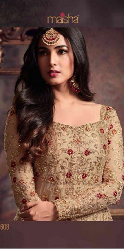 Maisha 5608 Cream Top : Heavy Net Work : Heavy Embroidery Coding With Diamond Work Bottom : Santoon Wedding, Party, Festive @3299/- | Anarkali Suits, Bollywood Anarkali, Creative-Anarkali, Designer Anarkali, Embroidered Anarkali, Party Wear Anarkali