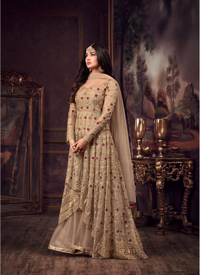 Maisha 5608 Cream Top : Heavy Net Work : Heavy Embroidery Coding With Diamond Work Bottom : Santoon Wedding, Party, Festive @3299/- | Anarkali Suits, Bollywood Anarkali, Creative-Anarkali, Designer Anarkali, Embroidered Anarkali, Party Wear Anarkali