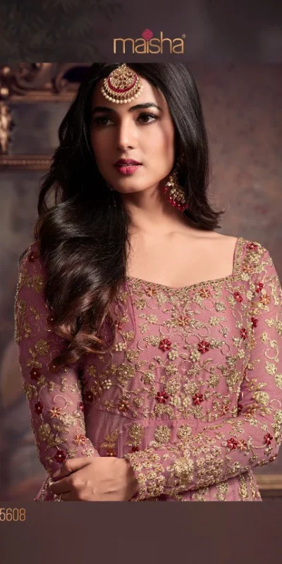 Maisha 5608 Pink Top : Heavy Net Work : Heavy Embroidery Coding With Diamond Work Bottom : Santoon Wedding, Party, Festive @3299/- | Anarkali Suits, Bollywood Anarkali, Creative-Anarkali, Designer Anarkali, Embroidered Anarkali, Party Wear Anarkali