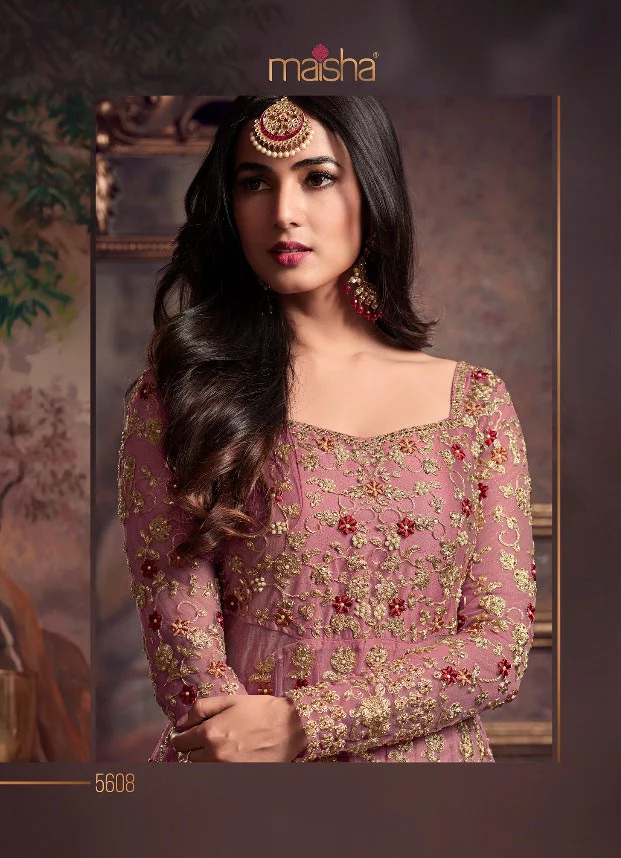 Maisha 5608 Pink Top : Heavy Net Work : Heavy Embroidery Coding With Diamond Work Bottom : Santoon Wedding, Party, Festive @3299/- | Anarkali Suits, Bollywood Anarkali, Creative-Anarkali, Designer Anarkali, Embroidered Anarkali, Party Wear Anarkali