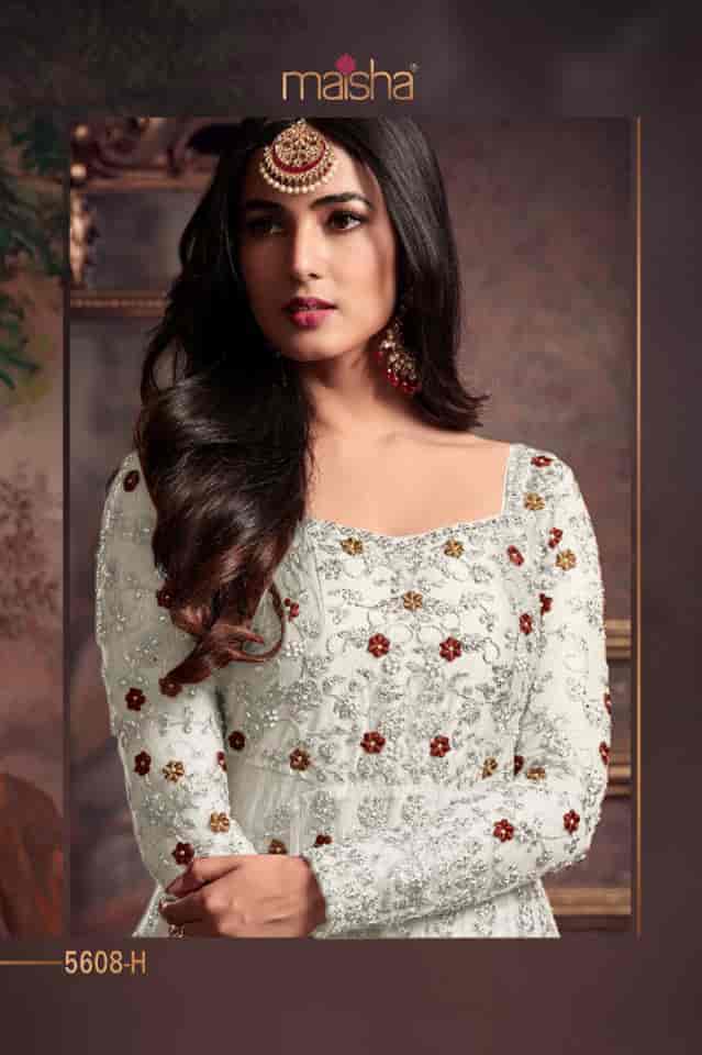 Maisha 5608 White Top : Heavy Net Work : Heavy Embroidery Coding With Diamond Work Bottom : Santoon Wedding, Party, Festive @3299/- | Anarkali Suits, Bollywood Anarkali, Creative-Anarkali, Designer Anarkali, Embroidered Anarkali, Party Wear Anarkali