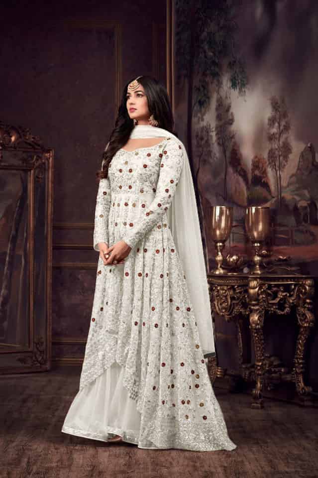 Maisha 5608 White Top : Heavy Net Work : Heavy Embroidery Coding With Diamond Work Bottom : Santoon Wedding, Party, Festive @3299/- | Anarkali Suits, Bollywood Anarkali, Creative-Anarkali, Designer Anarkali, Embroidered Anarkali, Party Wear Anarkali