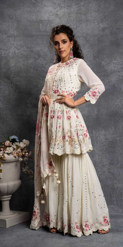 SR 1238 White Top : Heavy Fox Georgette Sharara : Fox Georgette Work : Heavy Embroidery With Real Mirror Work Wedding, Party @1849 Only | Salwar suit, Casual Suits, Creative suits, Designer Suits, Palazzo Suits, Party Wear Suits, Straight Suits