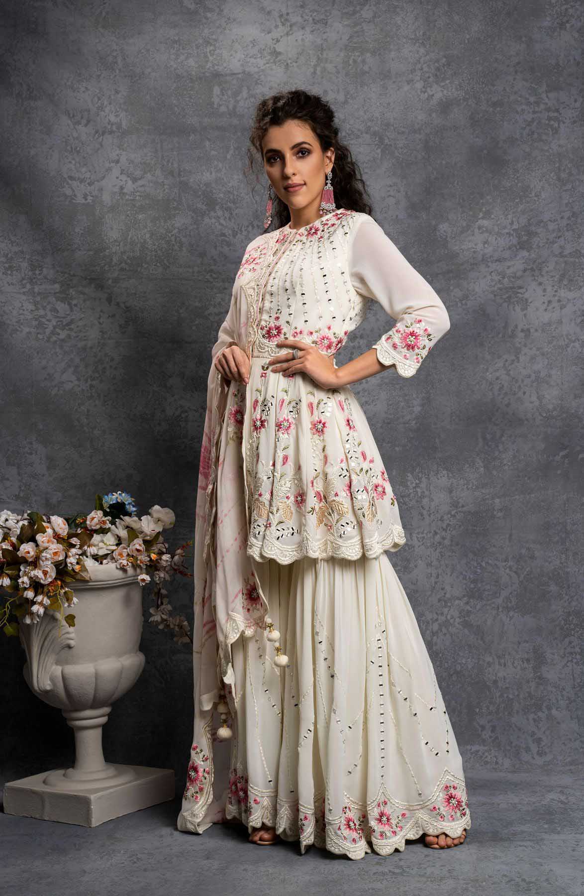 SR 1238 White Top : Heavy Fox Georgette Sharara : Fox Georgette Work : Heavy Embroidery With Real Mirror Work Wedding, Party @1849 Only | Salwar suit, Casual Suits, Creative suits, Designer Suits, Palazzo Suits, Party Wear Suits, Straight Suits