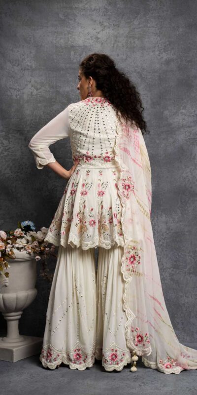 SR 1238 White Top : Heavy Fox Georgette Sharara : Fox Georgette Work : Heavy Embroidery With Real Mirror Work Wedding, Party @1849 Only | Salwar suit, Casual Suits, Creative suits, Designer Suits, Palazzo Suits, Party Wear Suits, Straight Suits