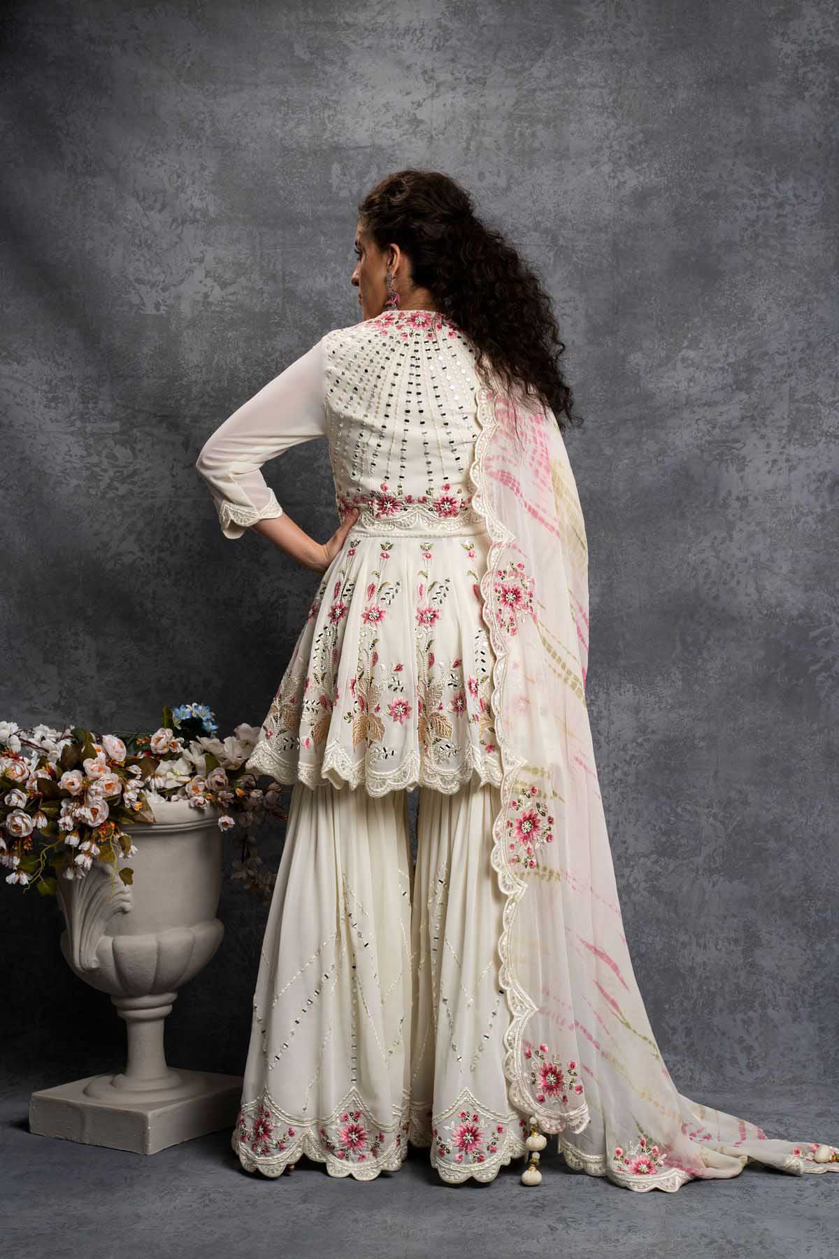 SR 1238 White Top : Heavy Fox Georgette Sharara : Fox Georgette Work : Heavy Embroidery With Real Mirror Work Wedding, Party @1849 Only | Salwar suit, Casual Suits, Creative suits, Designer Suits, Palazzo Suits, Party Wear Suits, Straight Suits