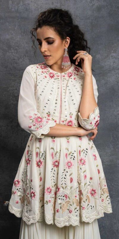 SR 1238 White Top : Heavy Fox Georgette Sharara : Fox Georgette Work : Heavy Embroidery With Real Mirror Work Wedding, Party @1849 Only | Salwar suit, Casual Suits, Creative suits, Designer Suits, Palazzo Suits, Party Wear Suits, Straight Suits