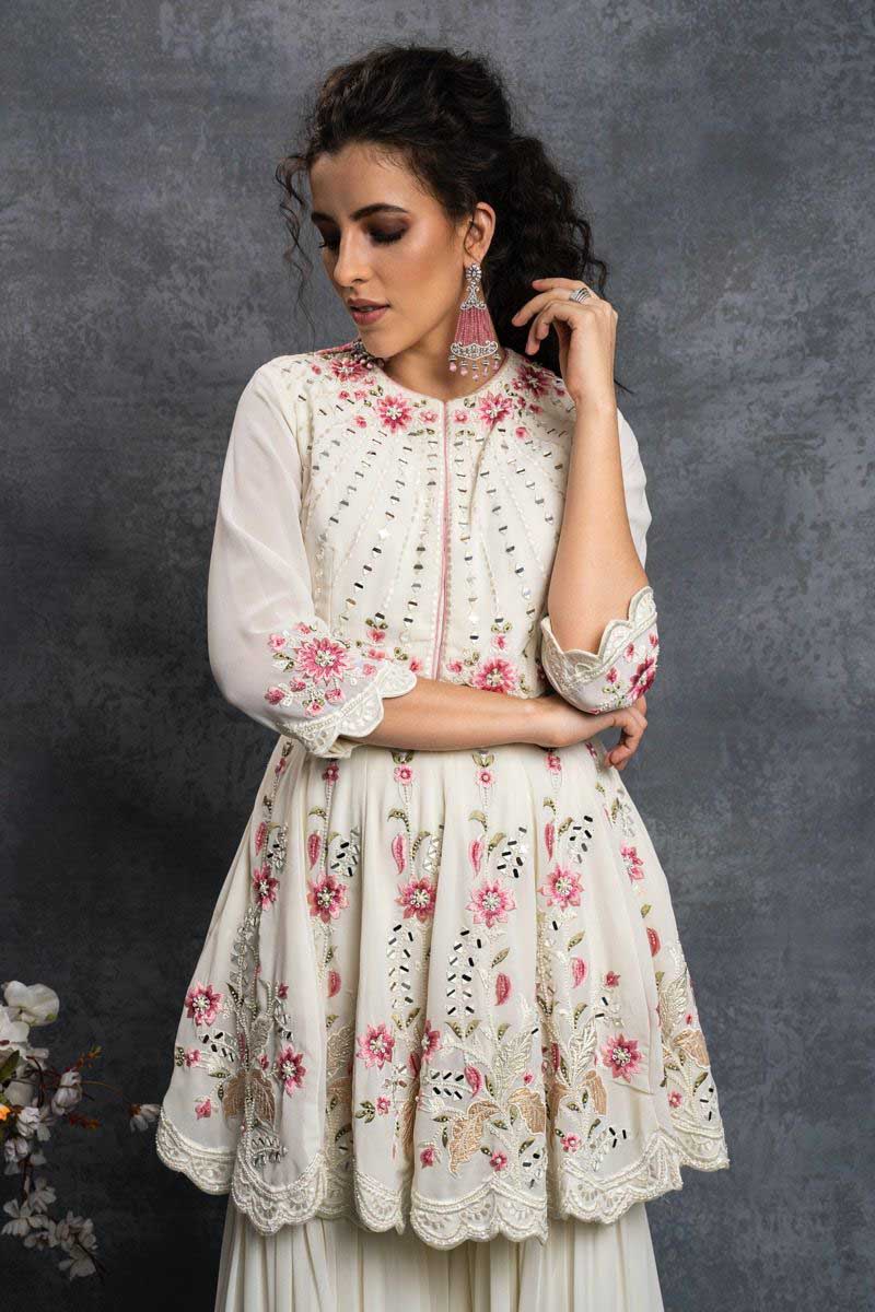 SR 1238 White Top : Heavy Fox Georgette Sharara : Fox Georgette Work : Heavy Embroidery With Real Mirror Work Wedding, Party @1849 Only | Salwar suit, Casual Suits, Creative suits, Designer Suits, Palazzo Suits, Party Wear Suits, Straight Suits