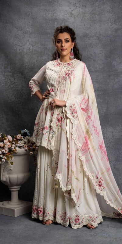 SR 1238 White Top : Heavy Fox Georgette Sharara : Fox Georgette Work : Heavy Embroidery With Real Mirror Work Wedding, Party @1849 Only | Salwar suit, Casual Suits, Creative suits, Designer Suits, Palazzo Suits, Party Wear Suits, Straight Suits