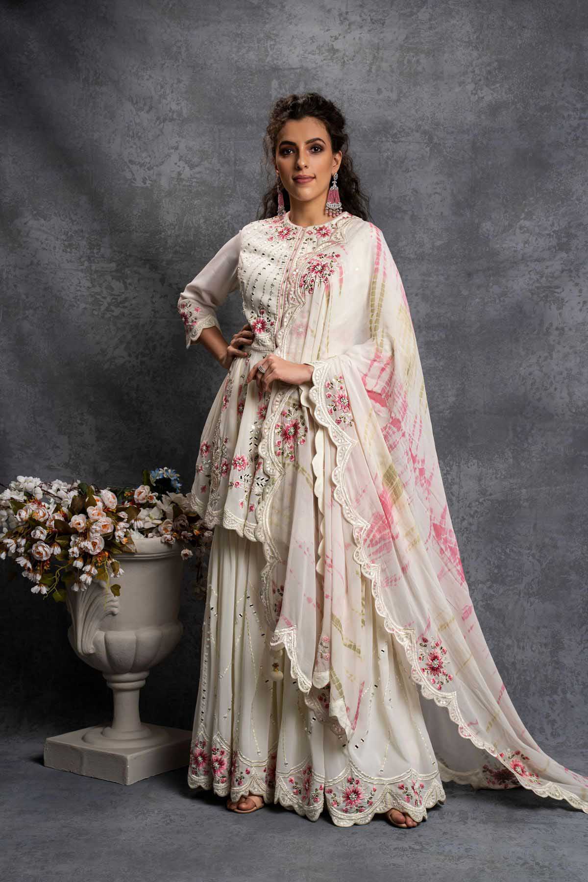 SR 1238 White Top : Heavy Fox Georgette Sharara : Fox Georgette Work : Heavy Embroidery With Real Mirror Work Wedding, Party @1849 Only | Salwar suit, Casual Suits, Creative suits, Designer Suits, Palazzo Suits, Party Wear Suits, Straight Suits