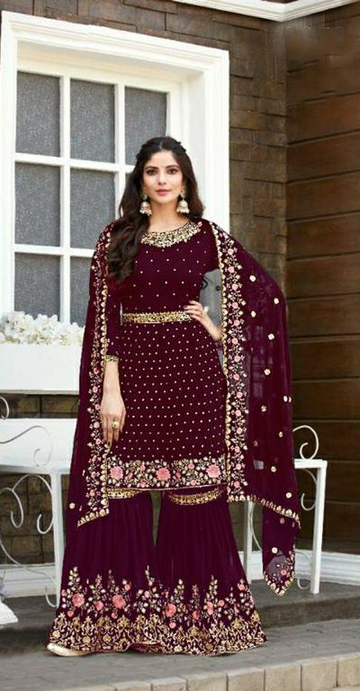 Mesmerizing Maroon color Georgette Embroidery Stone work Sharara Suit