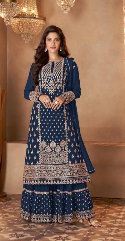 FC 128 Navy Blue Color Georgette Sequins Work Sharara Suit Wedding, Party, Festive, Events Etc. Expected Delivery  4-6 Working Days @2199/- | Jump Suits, Salwar suit, Casual Suits, Creative suits, Designer Suits, Palazzo Suits, Party Wear Suits, Patiala Suits, Straight Suits