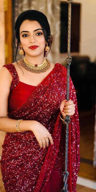 KF 1203 Red Saree Fabrics : Georgette Saree Work : Heavy Sequence Blouse Fabrics : Georgette With Silk Inner Work : Sequence Work Sleeves  | Sarees, Bollywood Sarees, Designer Sarees, Embroidered Sarees, Party Wear Sarees