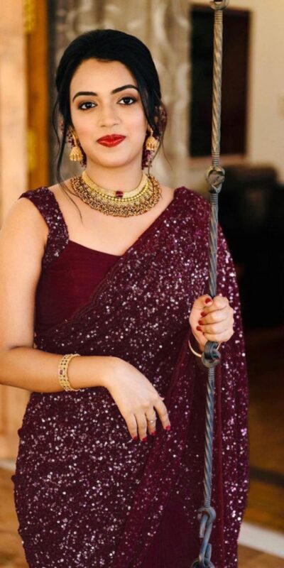 KT 152 Purple Saree Fabrics : Georgette Saree Work : Heavy Sequence Blouse Fabrics : Georgette With Silk Inner Work : Sequence Work Sleeves  | Sarees, Bollywood Sarees, Designer Sarees, Embroidered Sarees, Party Wear Sarees