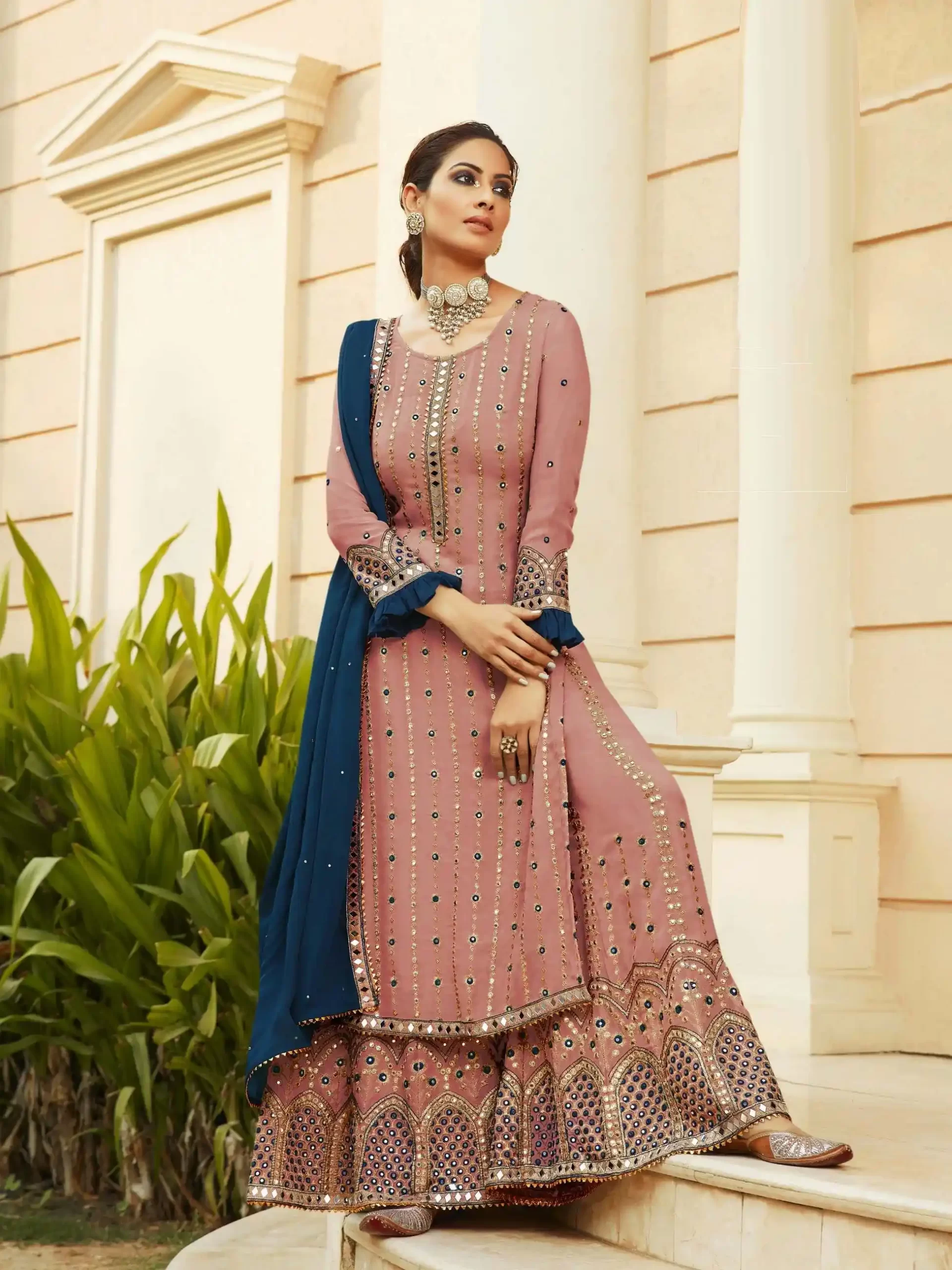 FC 9704 Peach Top : Georgette Work : Embroidery Work, Mirror Work Wedding, Festive, Events Black Georgette Embroidered Sharara @2099 | Salwar suit, Casual Suits, Creative suits, Designer Suits, Palazzo Suits, Party Wear Suits, Straight Suits