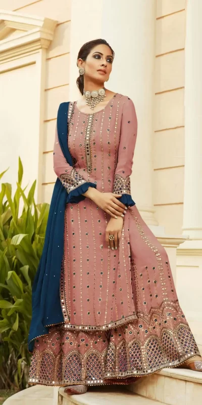 Peach Georgette Embroidery Sharara Suit With Real Mirror Work