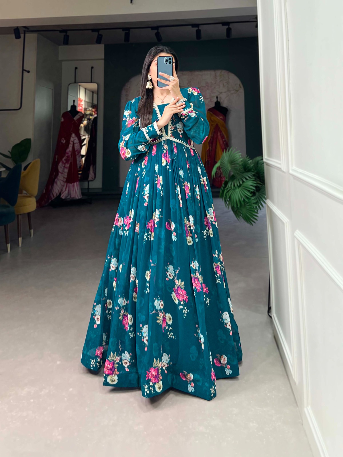 Pine Green Floral Georgette Printed Gown
