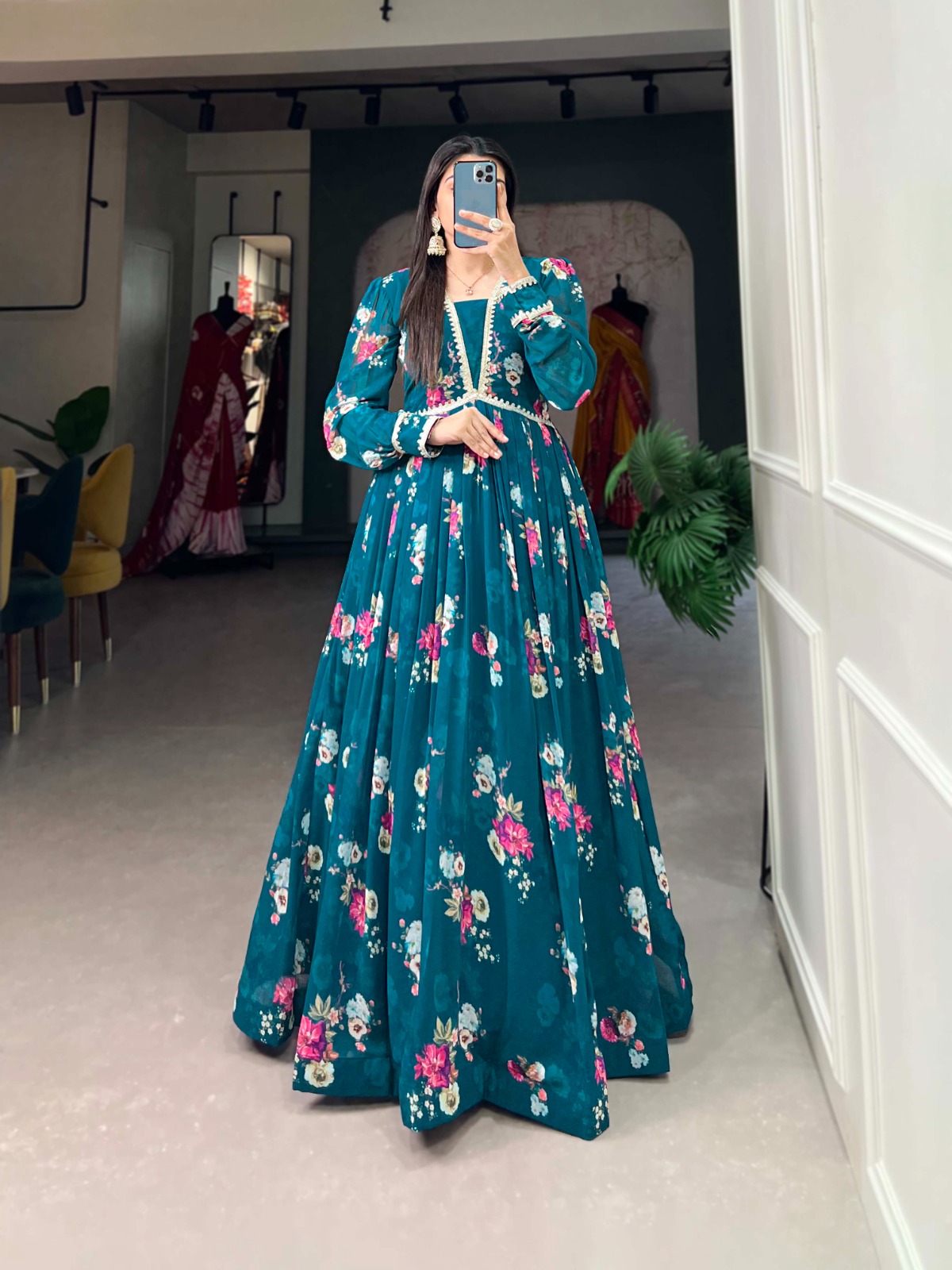 Pine Green Floral Georgette Printed Gown